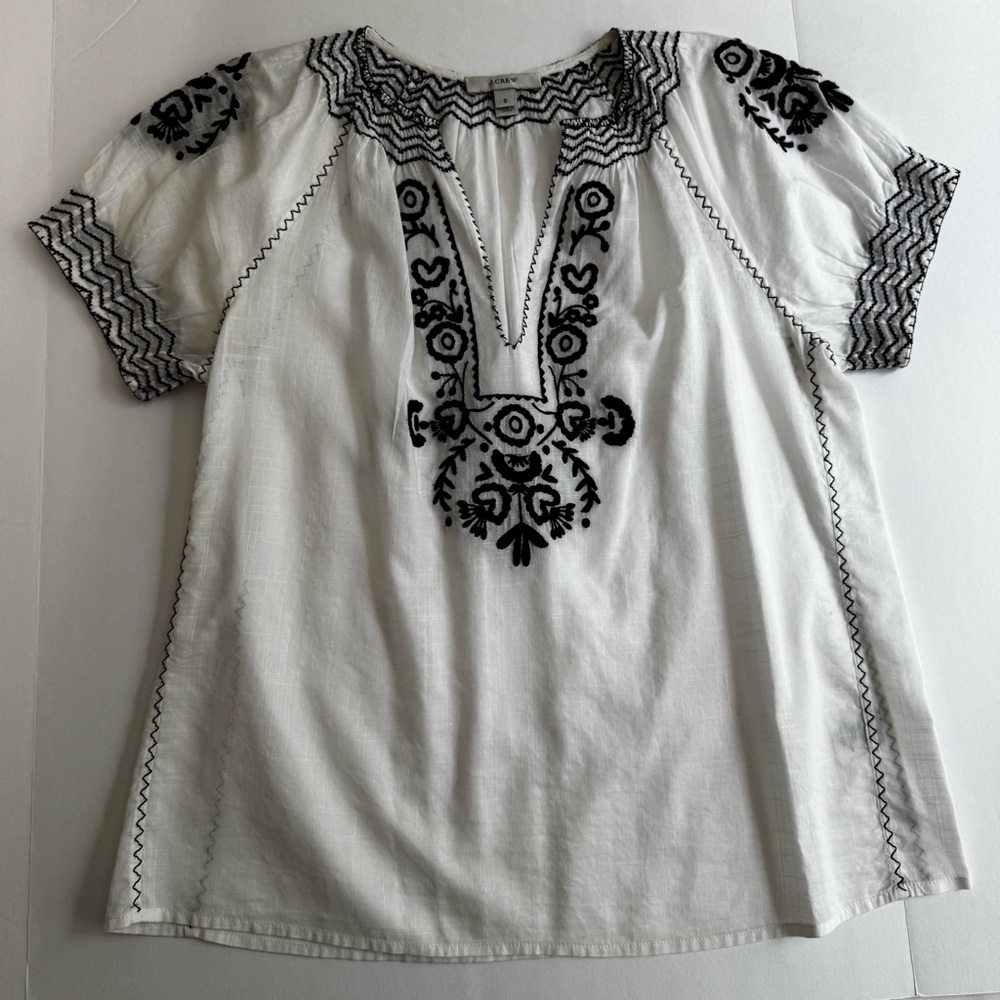 J.Crew White Cotton Gauze Embroidered V-Neck Puff Sleeve Blouse 0 - Picture 8 of 15